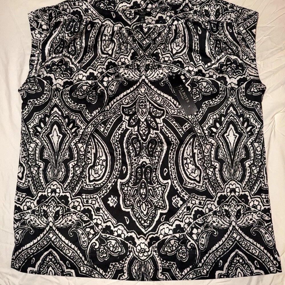 Talbots Petites 12P Black White Paisley Medallion Sleeveless Blouse Top NWT